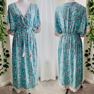 World Market Womens Floral Maxi Dress Kimono Sleeve Elastic Waist Size S/M
